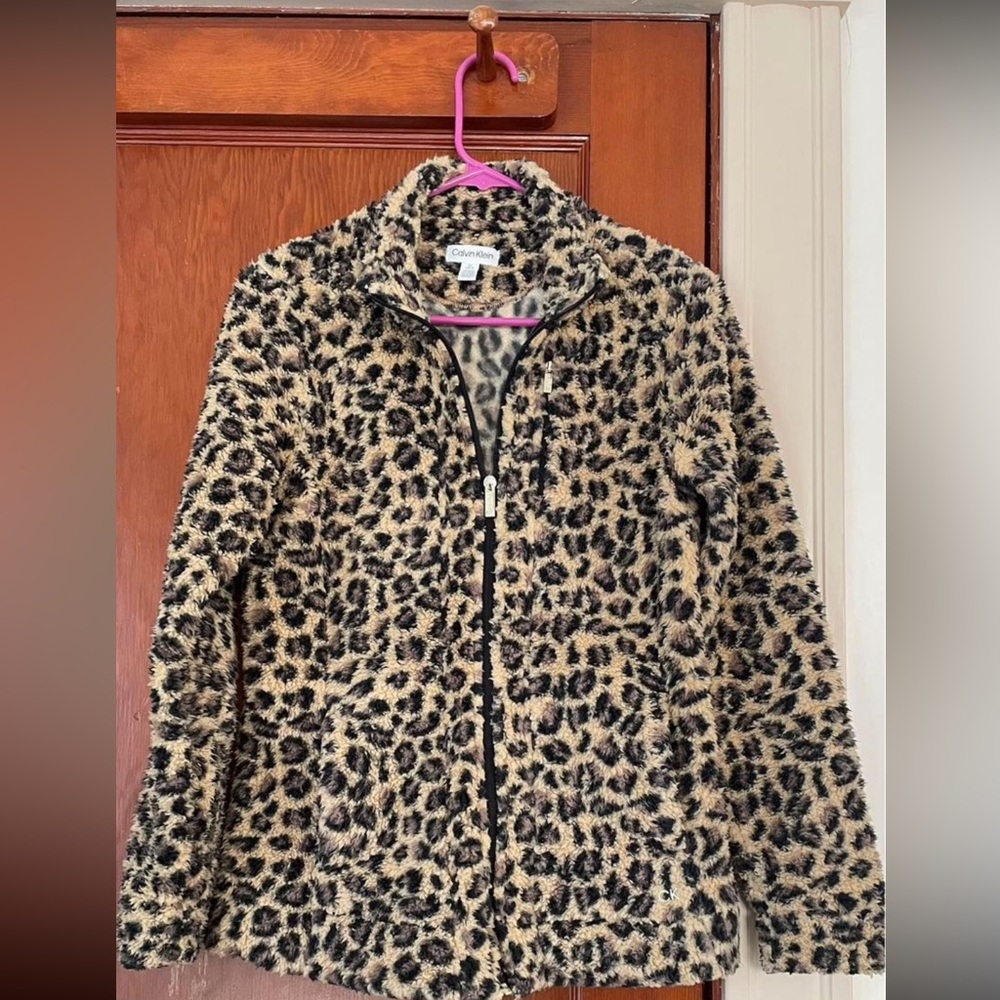 NWT Calvin Klein Womens Fleece Faux-Fur Leopard Print Full-Zip Sherpa Jacket, S.